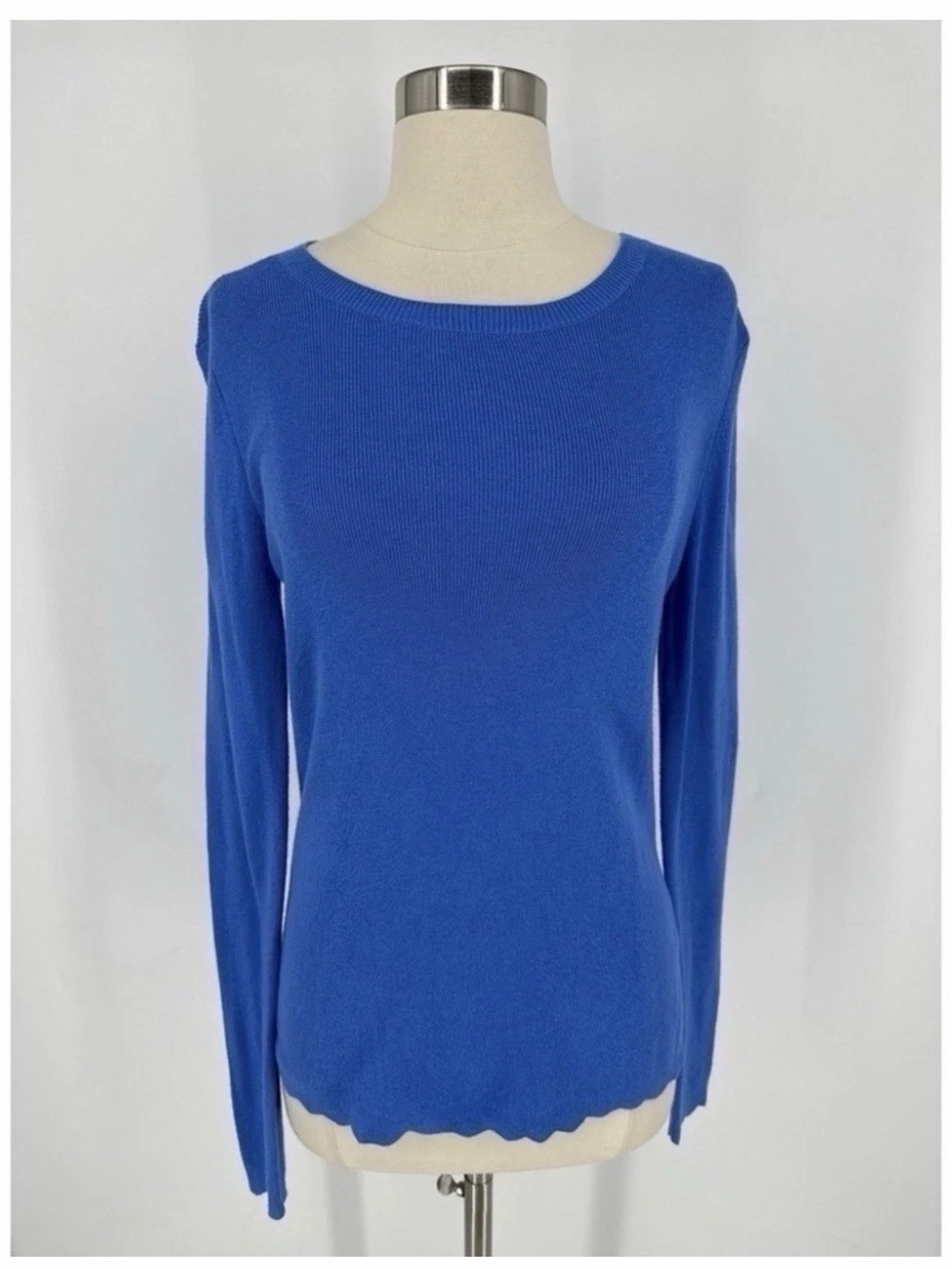 Halogen Scalloped Hem Crewneck Long-Sleeve Sweater - Blue